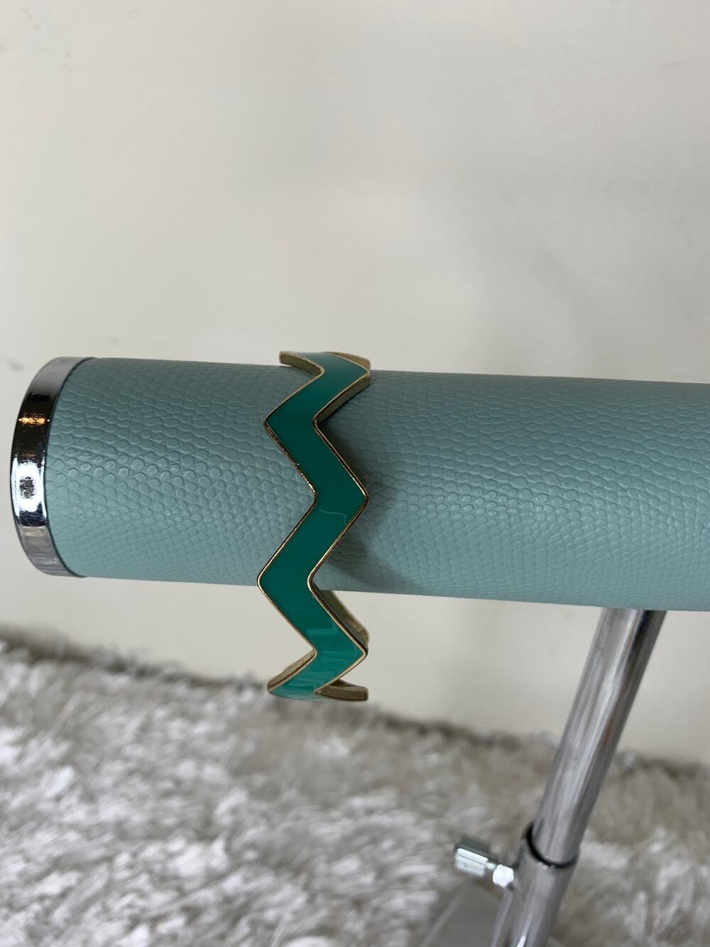 Teal Green Zig Zag Chevron Bangle Bracelet Gold Edges 2.75" diameter